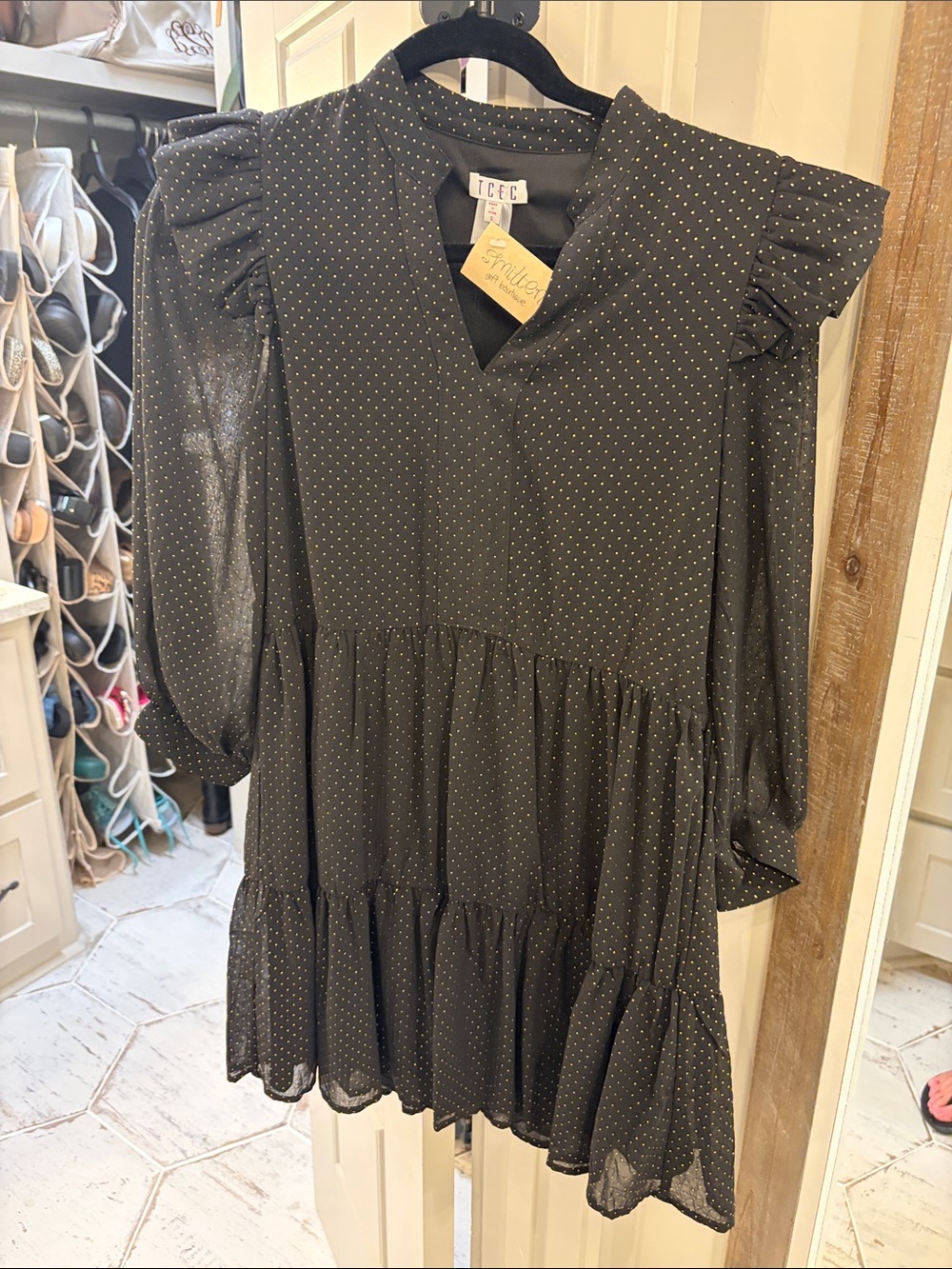 TCEC Black Dress with White Polka Dots and Tiered Skirt